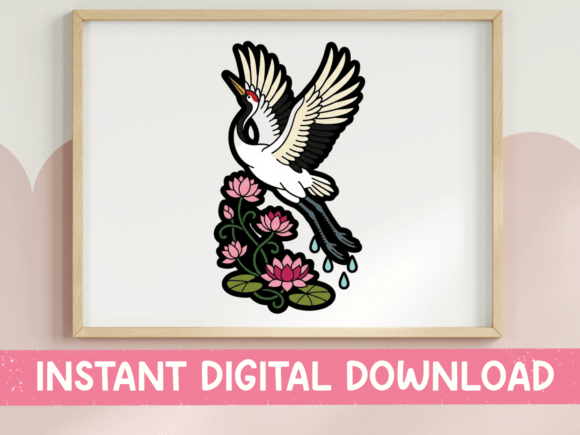 Elevate Your Projects with the Japanese Crane Lotus Flower Sticker